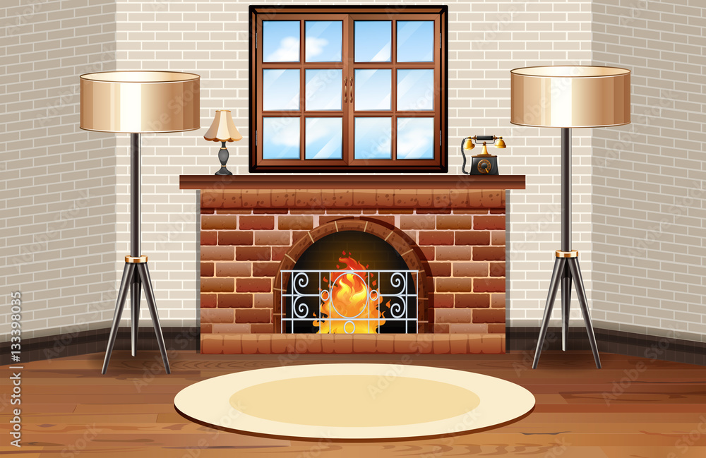 Room scene with fireplace and lamps