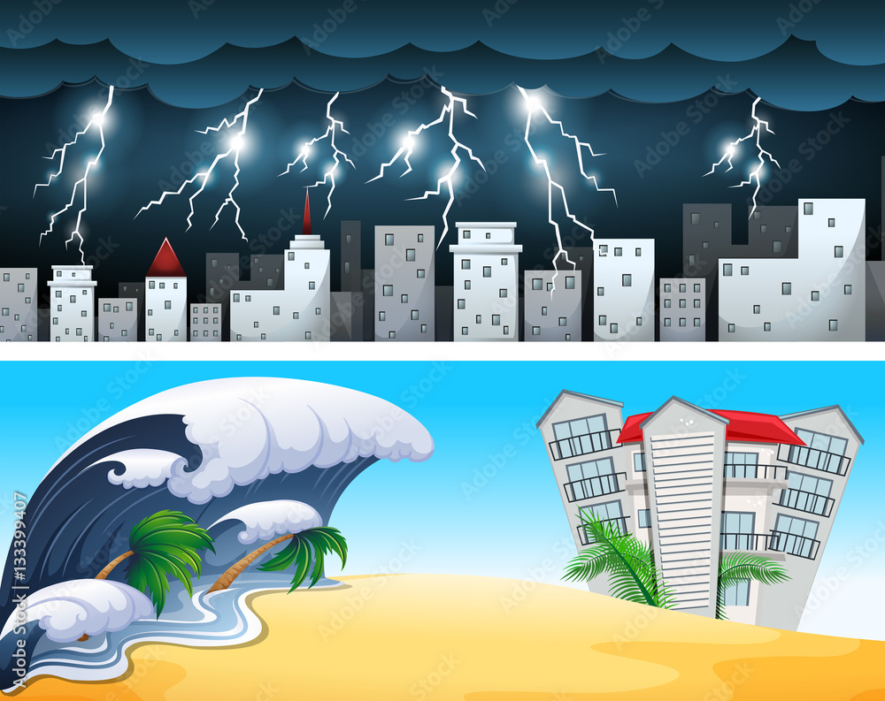 Two disaster scenes with tsunami and thunders