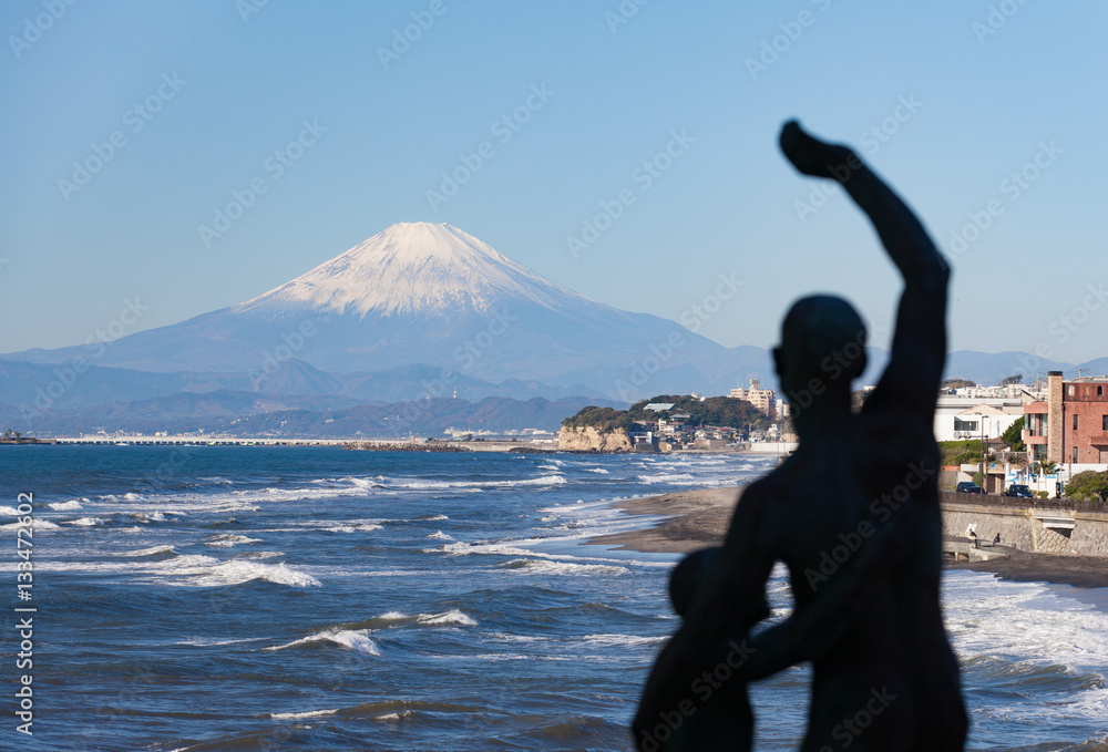 Mountain Fuji and Yuigahama beach beach line seen from Inamuragasaki peninsula view point at Kamakur