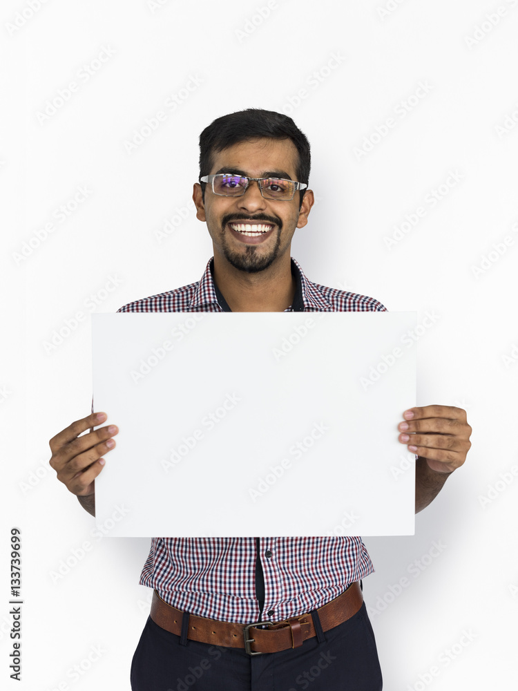 Man Smiling Cheerful Holding Paper Copy space