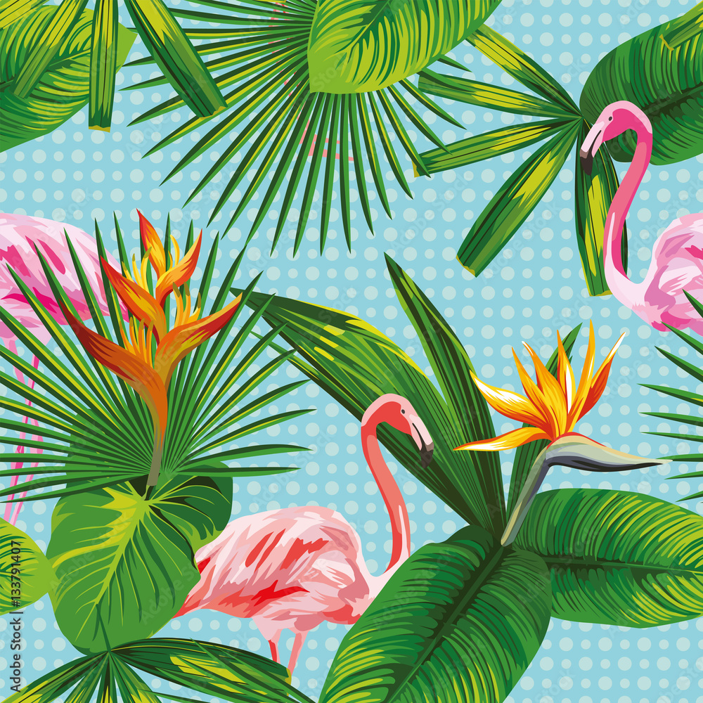 tropical leaves and flowers seamless flamingo background circle