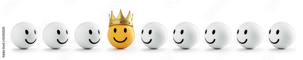 Gelber Smiley mit Krone und 8 weißen Smileys