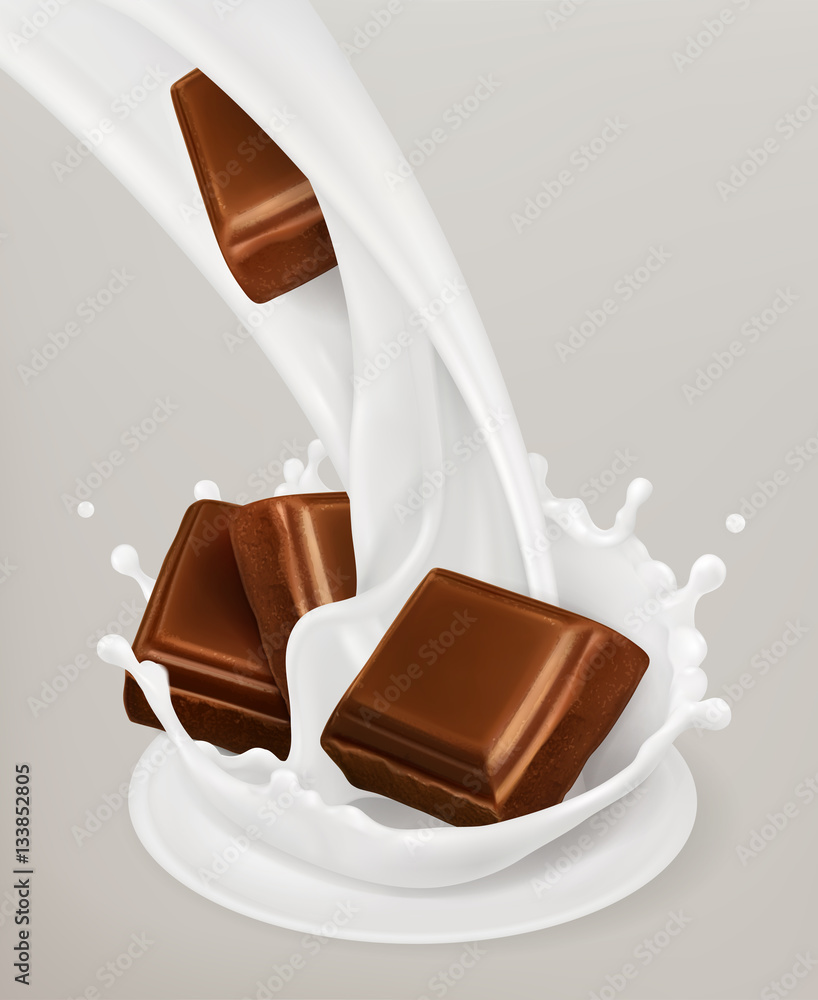 牛奶飞溅和巧克力。三维矢量物体。天然乳制品