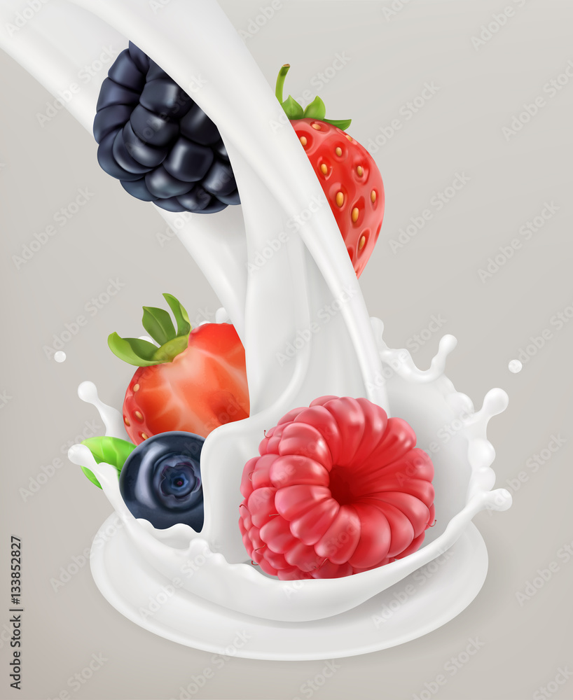 Milk splash and berry. 3d vector object. Natural dairy products
