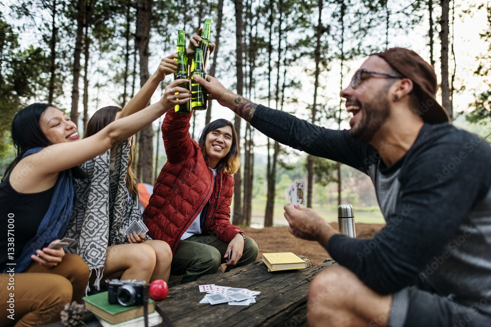 Friends Camping Having Drinks Concept