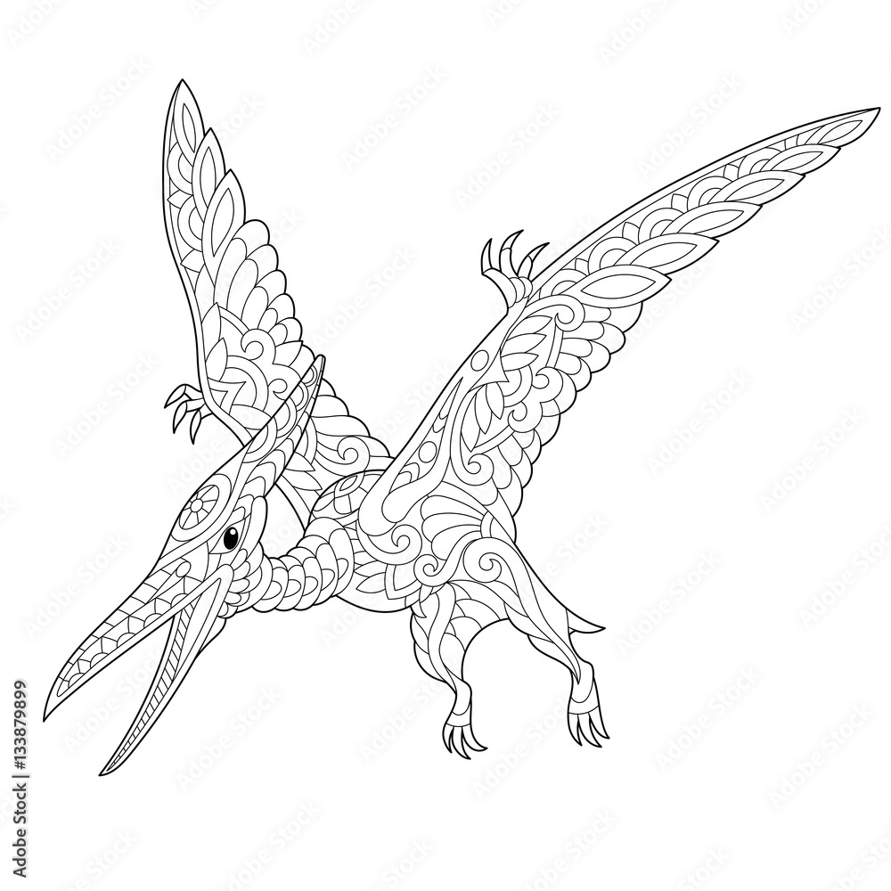 Stylized pterodactyl dinosaur, pterosaur of the late Jurassic period, isolated on white background. 
