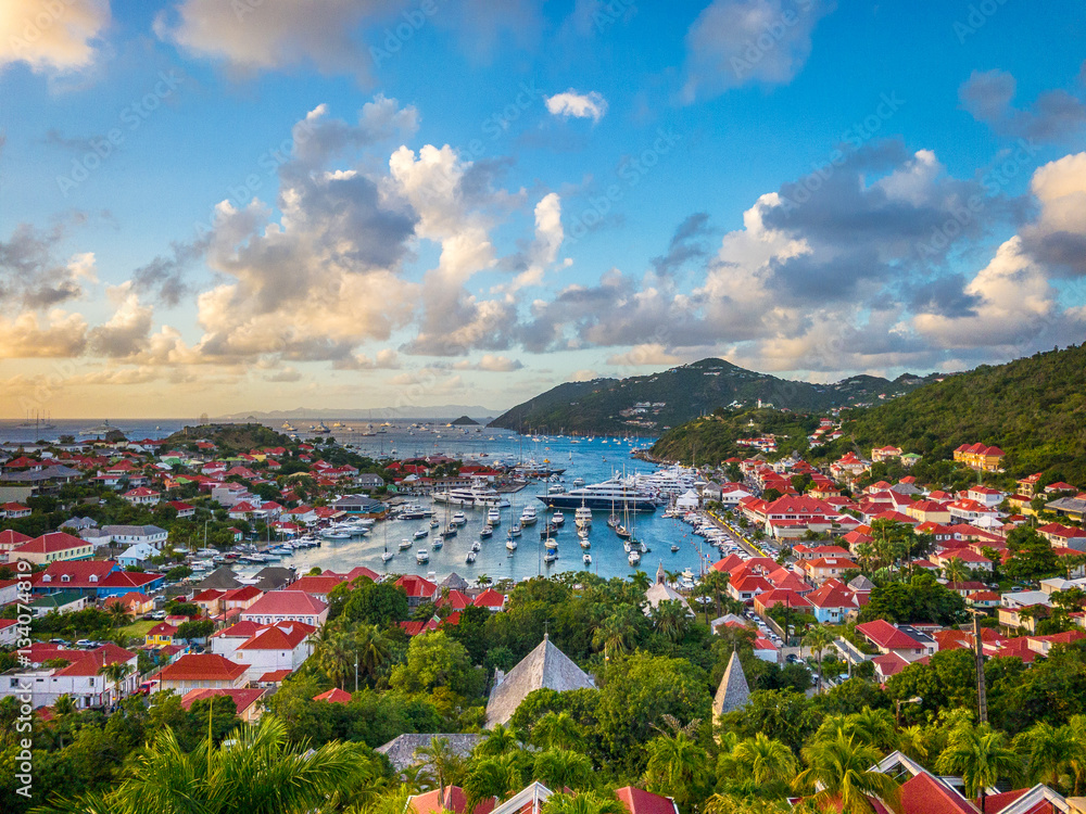 Saint Barthelemy skyline and harbor in the West Indies.