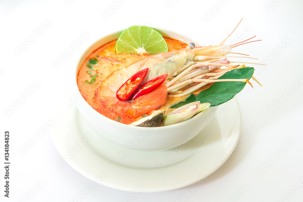 Close up Asian Spicy soup with shrimp in white bowl 
