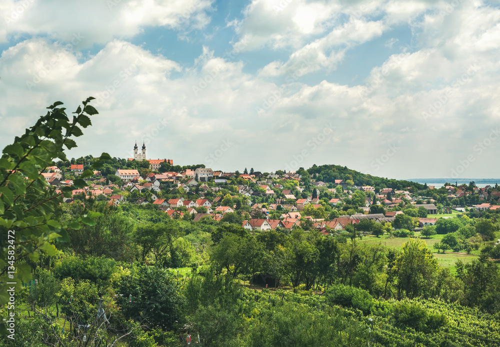 View over Tihany abbey and town on lake Balaton in Hungary on summer day