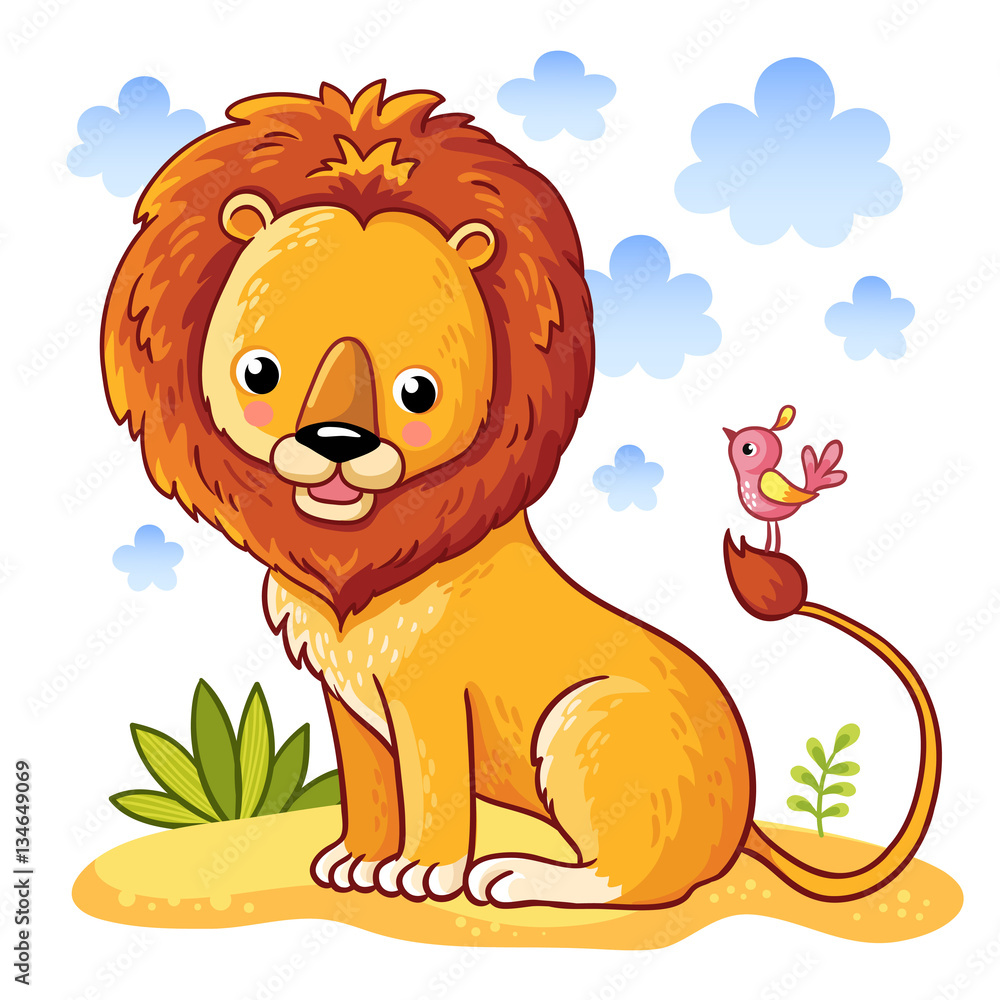 Lion sitting on a sandy a meadow. Vector illustration of animals in a childrens style.