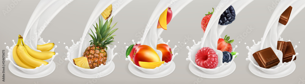 Fruit, berries and yogurt. Realistic illustration. 3d vector icon set 3