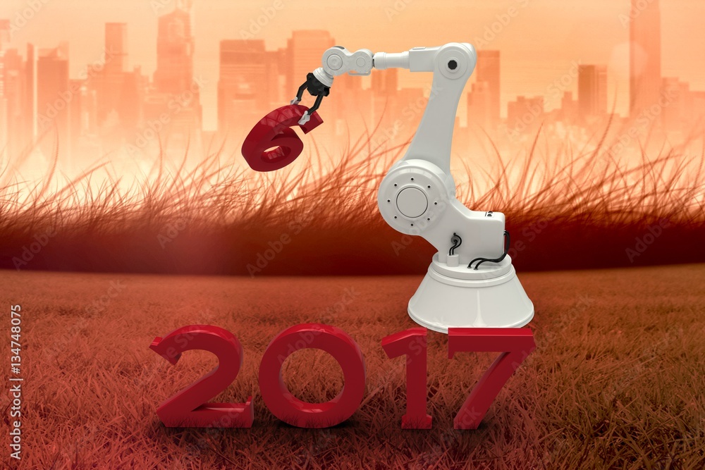 Composite image of robotic hand holding red number 3d