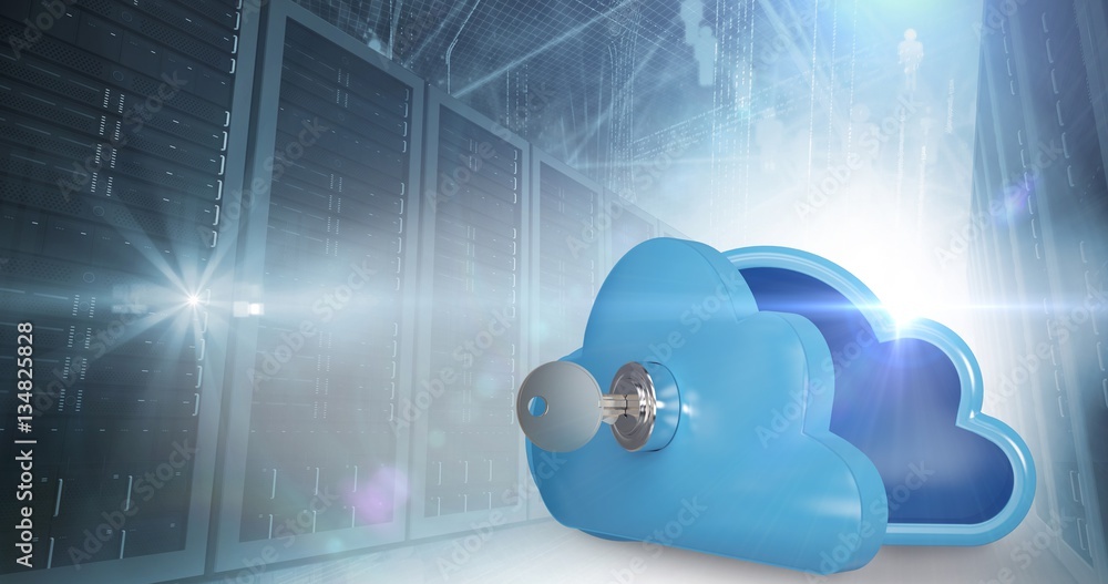 Composite image of blue locker in cloud shape with key 3d