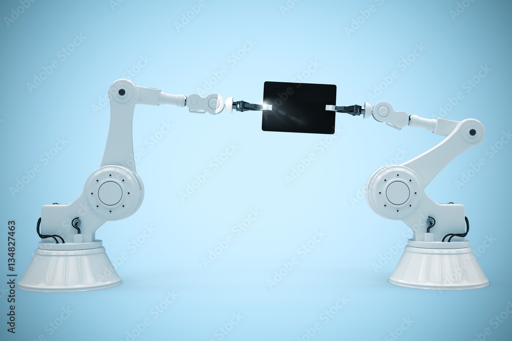 机器人和数字平板电脑在白色背景下的合成图像