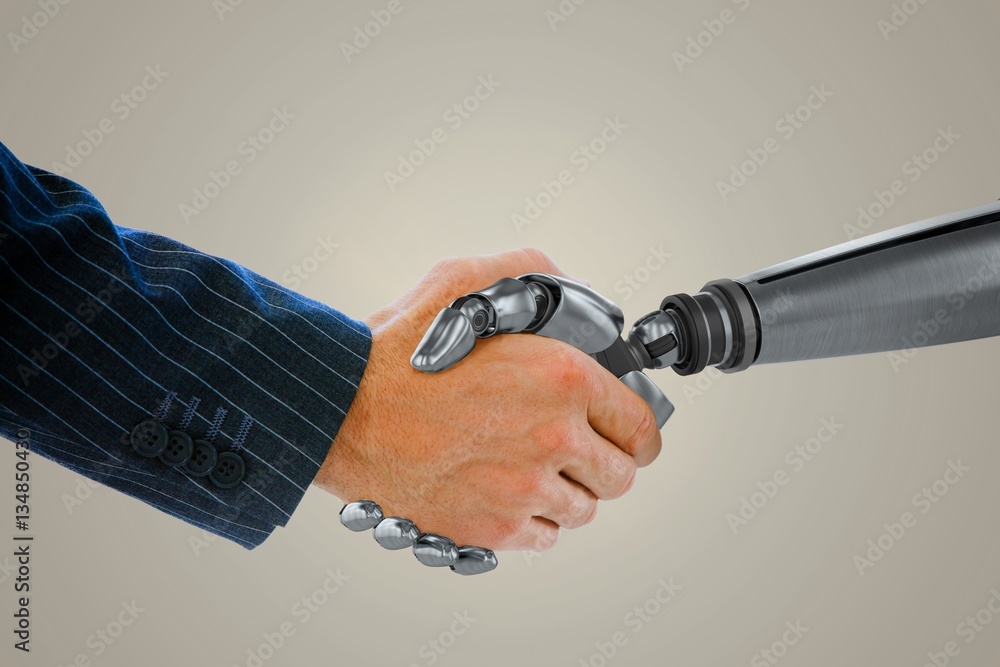 Composite image of businessman shaking hand of robot