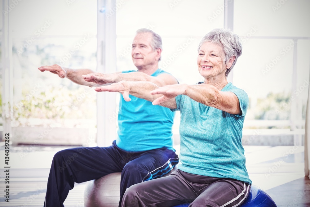 Happy senior couple performing exercise