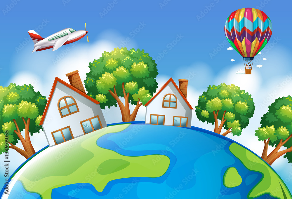 Airplane and balloon flying over the world
