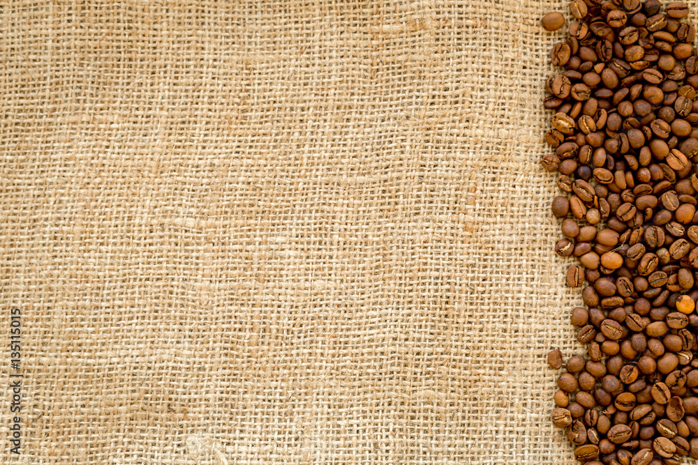 beans, ground coffee on linen cloth top view mock up