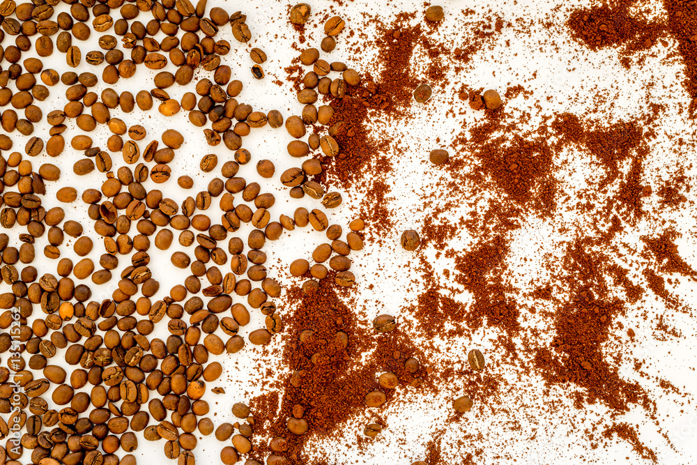 beans, ground coffee top view
