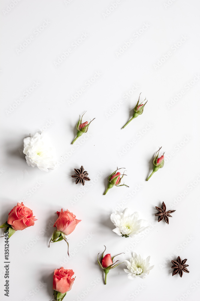 pattern of flowers on white background top view mock up