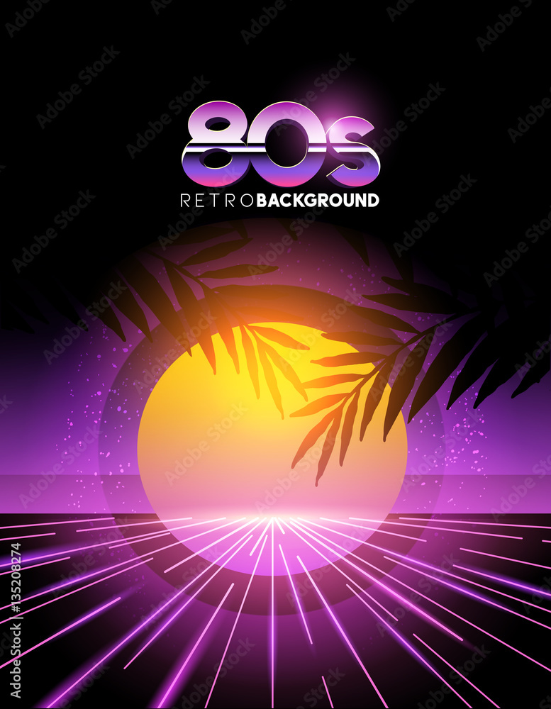 retro1980s style neon digital abstract background with laser beams and a sunset.