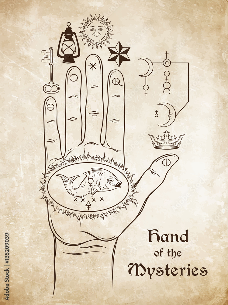The hand of the Mysteries. The alchemical symbol of apotheosis, the transformation of man into god. 