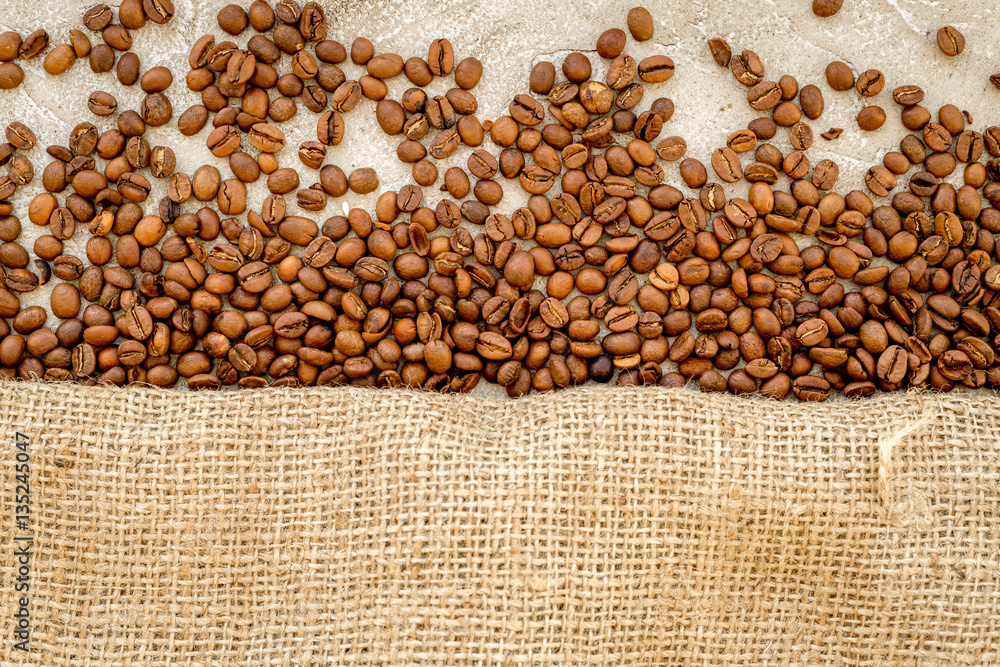 beans, ground coffee on linen cloth top view mock up