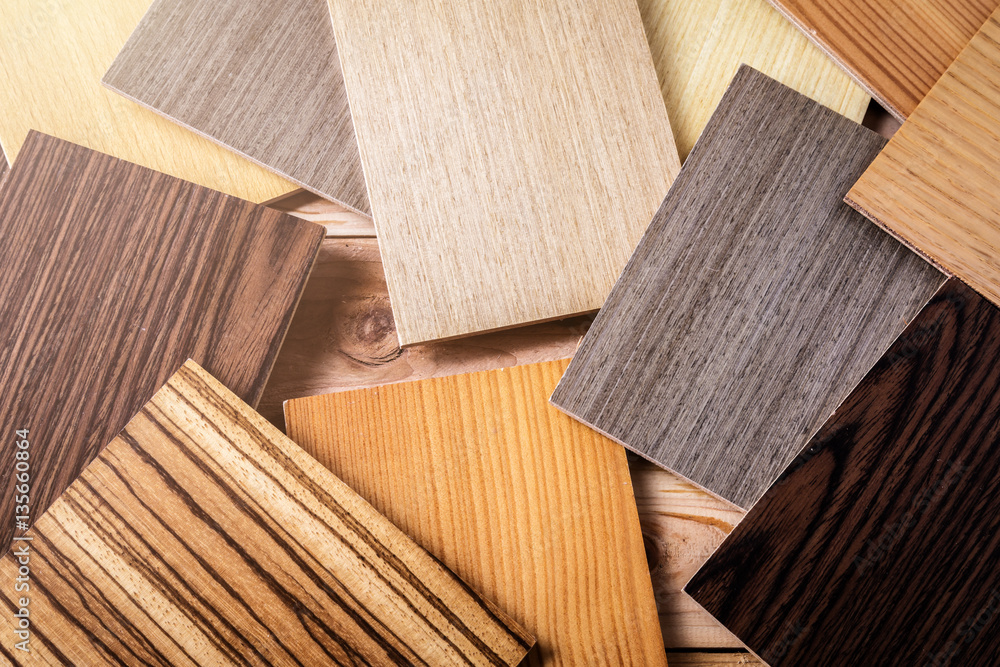 wooden laminate and veneer sample for interior design management  on old wooden floor