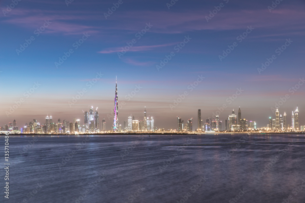 Dubai skyline after sunset.