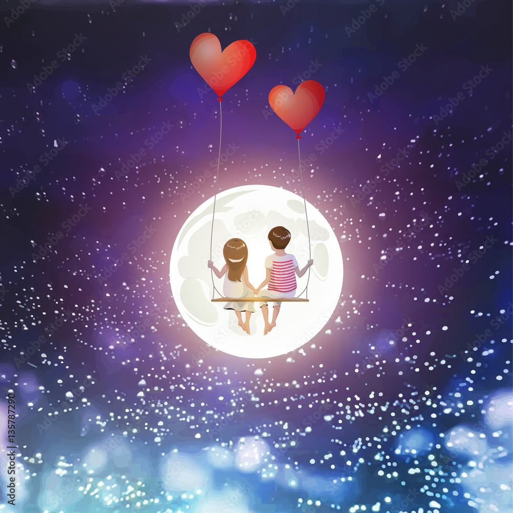 Cartoon lover couple is sitting on red heart balloon swing, being on full moon sky background, Happy