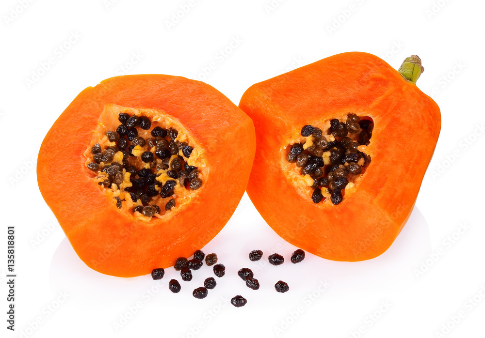 Papaya fruits. slices of sweet papaya with seed isolated on whit