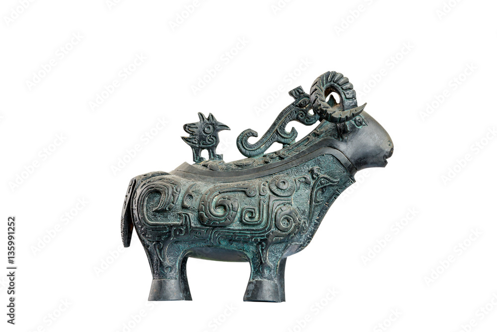isolated bronze goat sculpture on white background