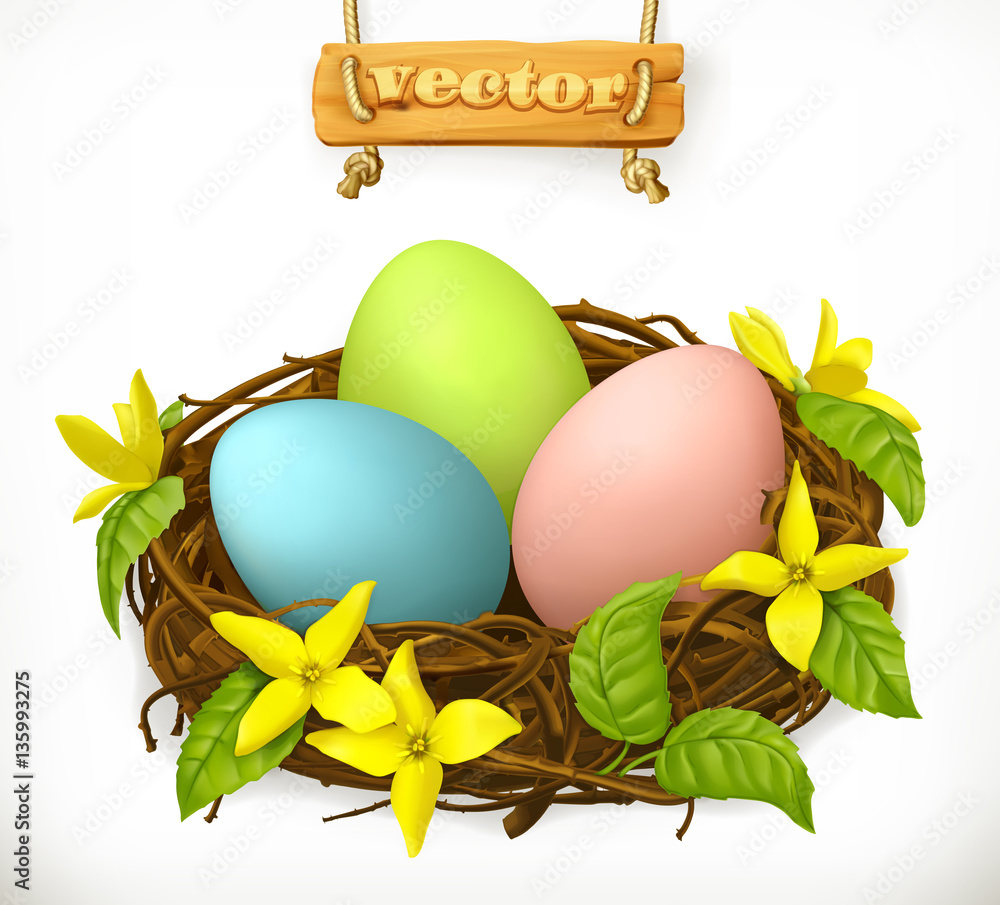 鸟巢、复活节彩蛋和春花。三维矢量图标