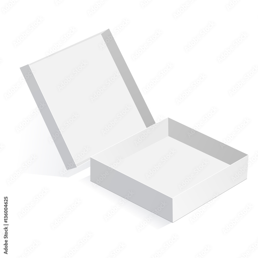 带隔离盖子的白色方形盒子。设计实物模型，文本。矢量插图。