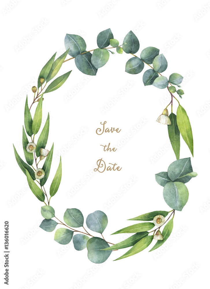 Watercolor oval wreath with green eucalyptus leaves and branches.
