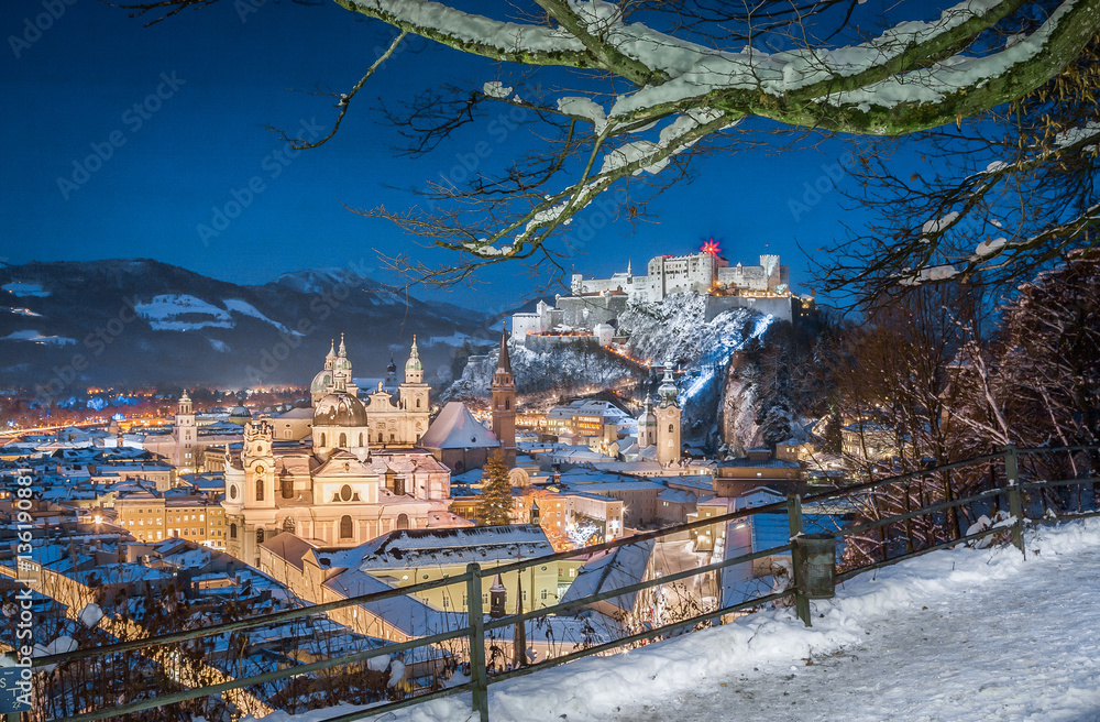 Romantic view of Salzburg during Christmas time in winter, Austria
