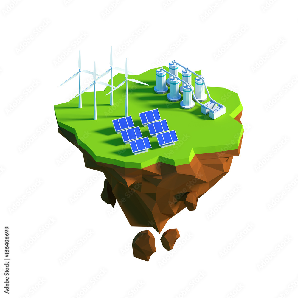 Isometric view low poly Eco Green Energy concept. 3D illustration