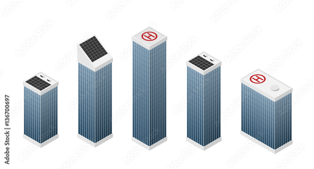 Set of isometric modern white skyscrapers with blue windows.