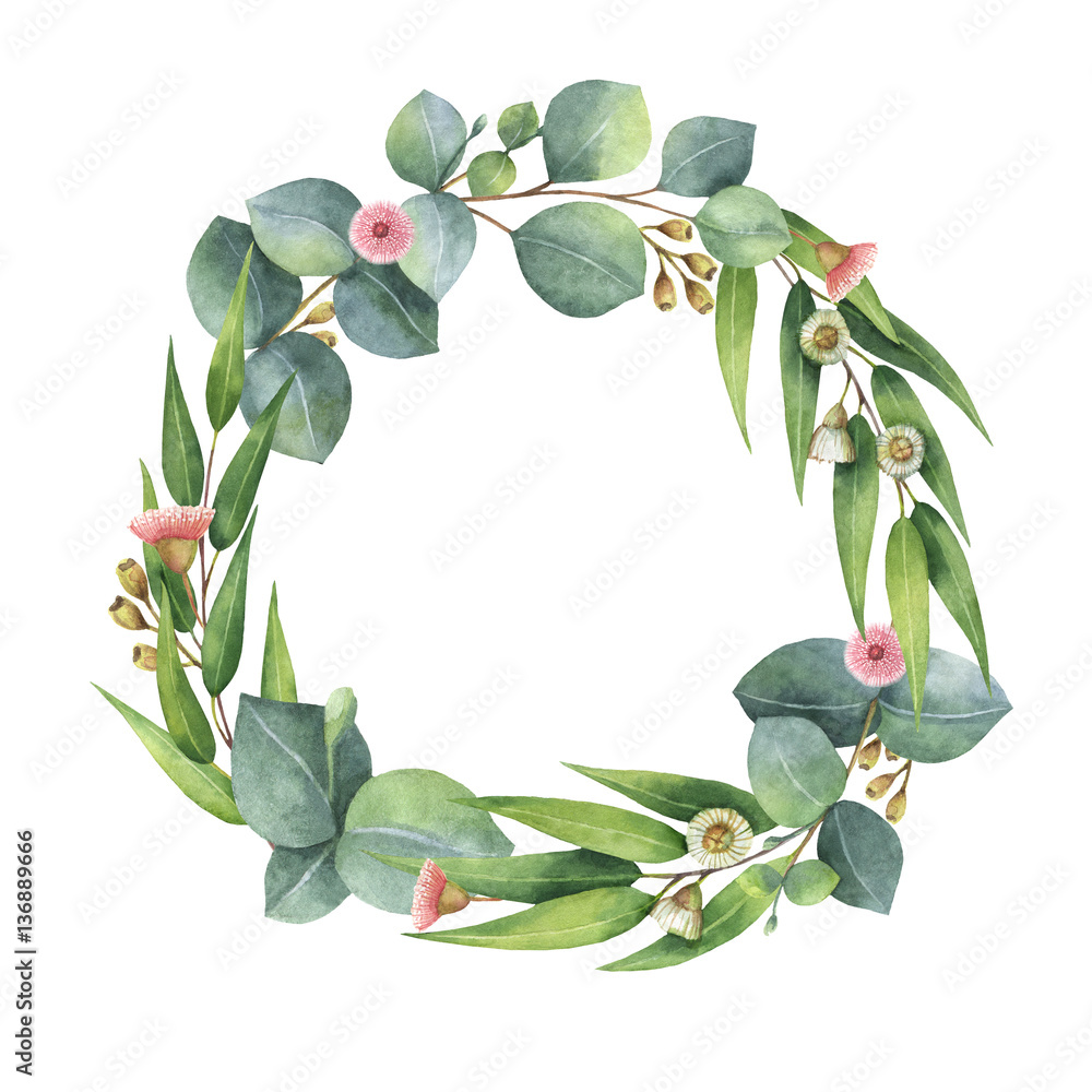 Watercolor round wreath with eucalyptus leaves and branches.
