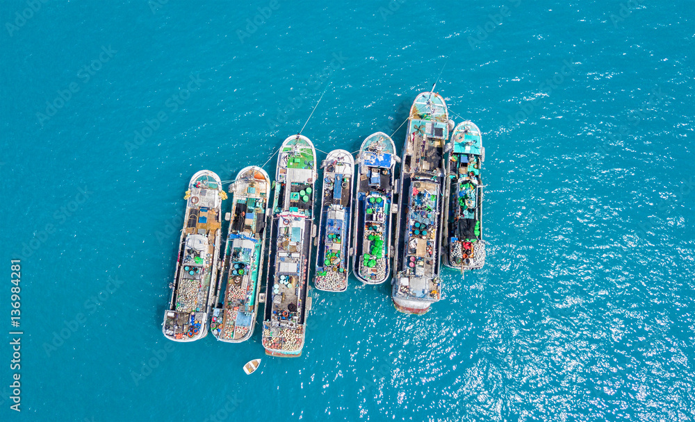 Aerial view of group of fishermen boats