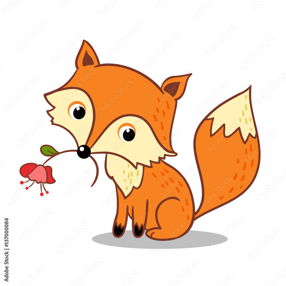 Fox is holding a flower in his mouth. Vector illustration of forest animals in the childrens style.