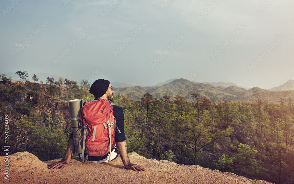 Man Sitting Alone Cliff Backpacker Concept