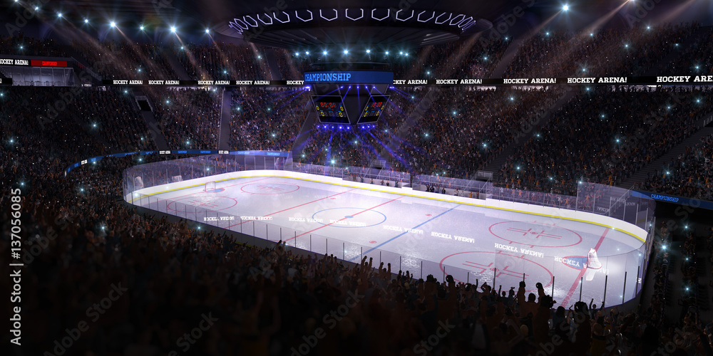 冰球运动场3d渲染图，有人、有球迷、有灯光