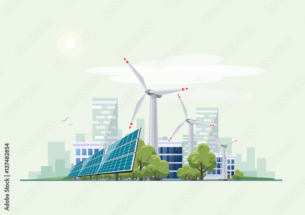 带太阳能电池板和风力涡轮机的绿色生态城市