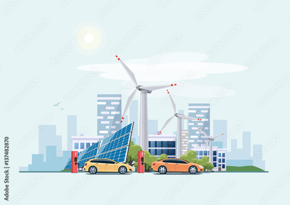 Electric cars charging eco city urban theme