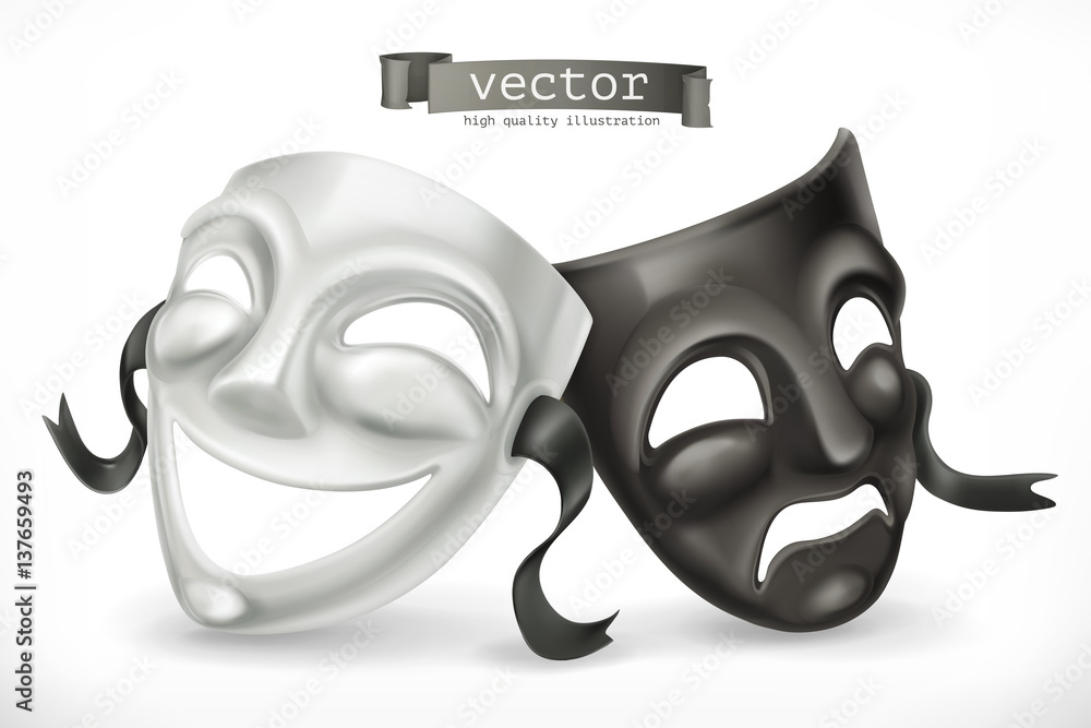 Black and white theatrical masks. Comedy and tragedy, 3d vector icon