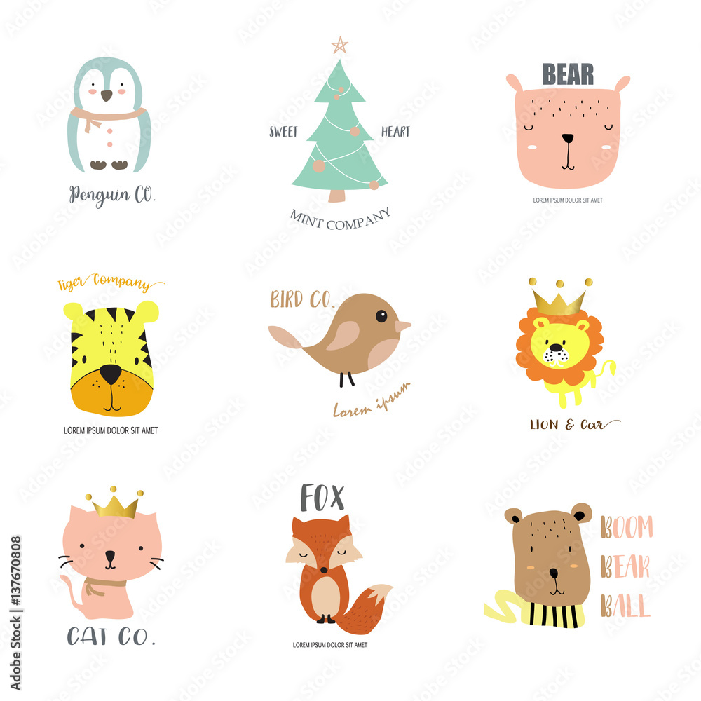 可爱的标志设计，带有企鹅、圣诞树、猫、熊、鸟、狮子和狐狸