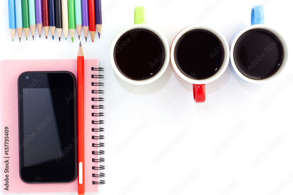 coffee cup with smartphone ,paper note and pencil on white background.