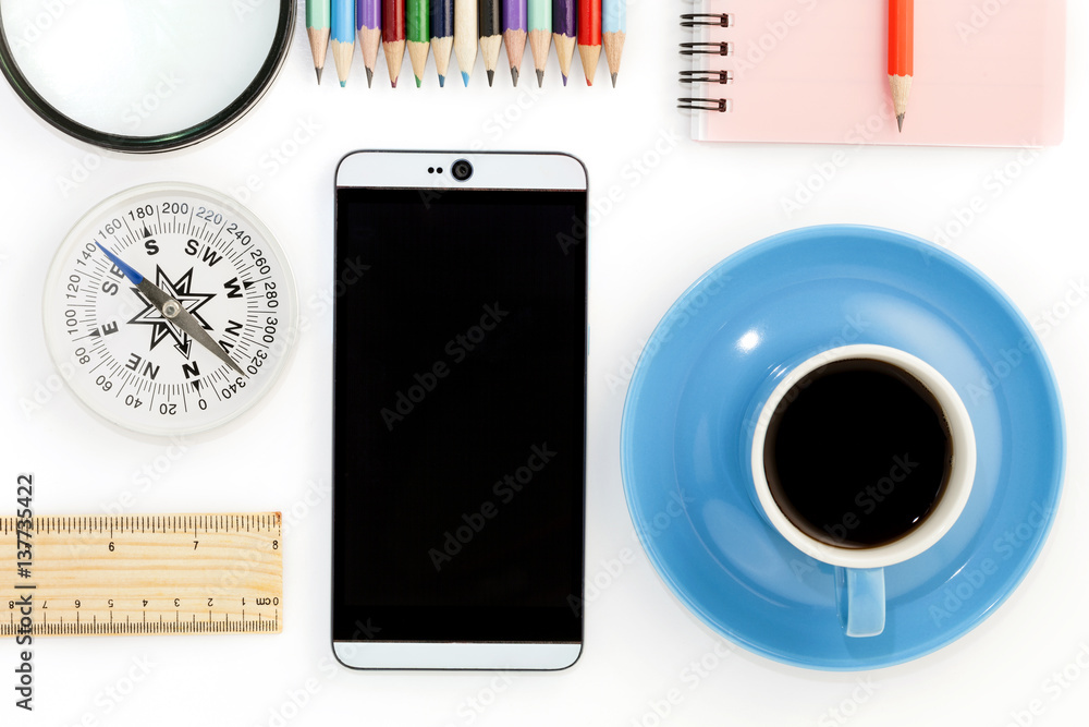 coffee cup with smartphone ,paper note and pencil on white background.