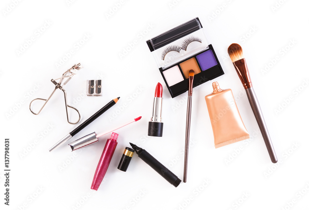 Makeup cosmetics tools and essentials, flat lay on white background